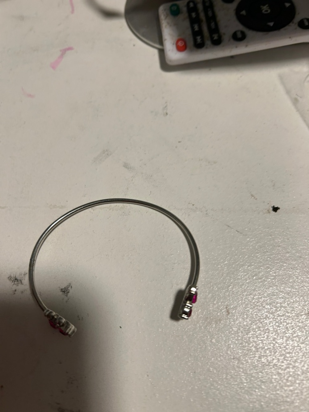 Open Silver-Tone Cuff Bracelet with Pink Crystal Accents